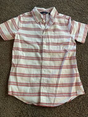 Janie and Jack Cream Button-Down Short Sleeve with Red Stripe